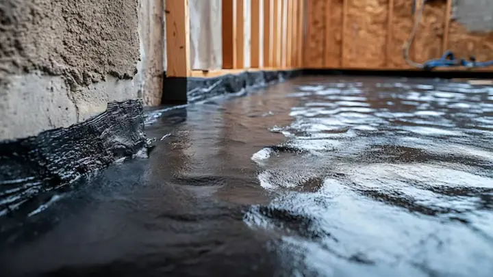 Black waterproofing membrane applied along a basement wall and floor edge