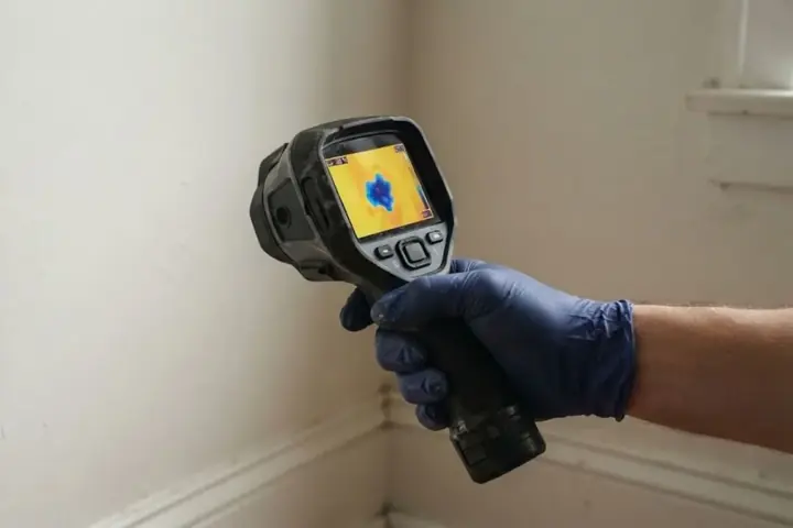 Gloved hand holding a thermal imaging camera aimed at a wall corner to find hidden moisture