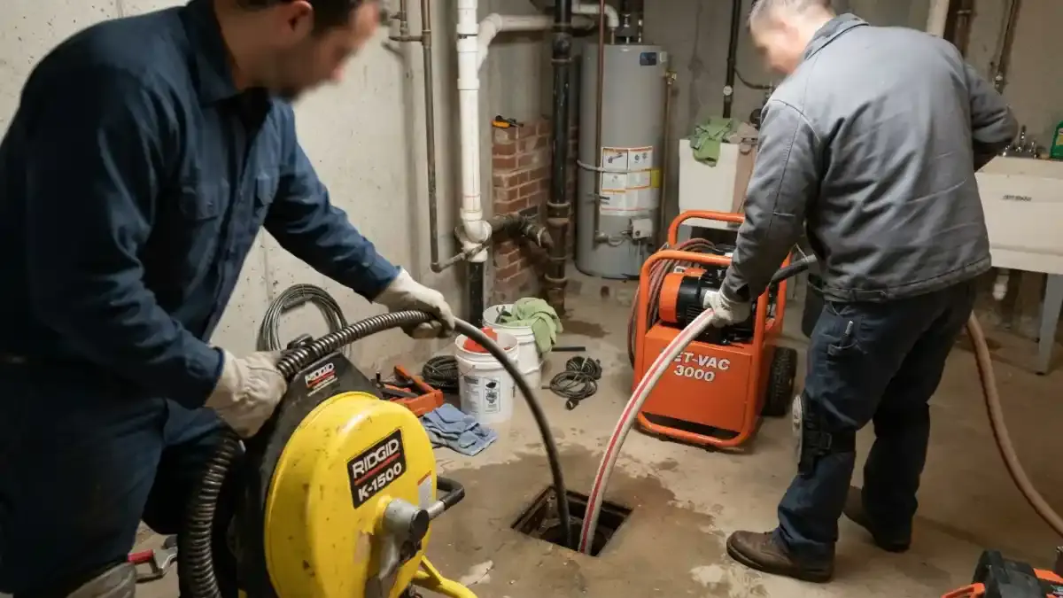Two plumbers running a yellow drum machine cable into a basement floor drain