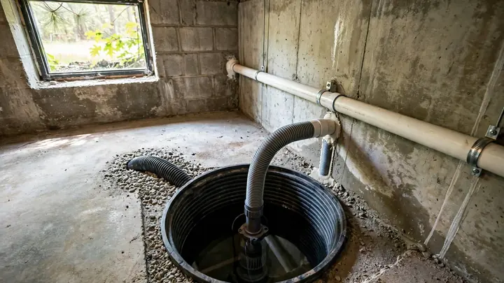 Sump pit with a pump and discharge pipe set into a concrete basement floor